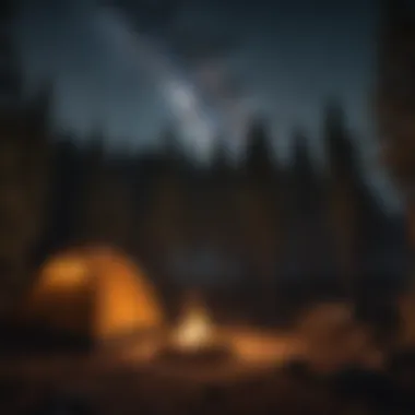 A cozy tent illuminated by a campfire under the starry sky