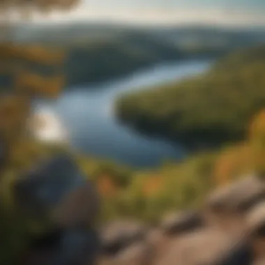 Breathtaking View of Deep Creek Lake from Above A stunning view of Deep Creek Lake from a mountain overlook