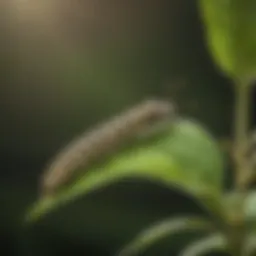 Close-up of monarch caterpillar on milkweed leaf
