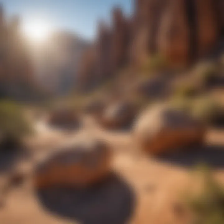 Dramatic rock formations under the sun's glow in Penitente Canyon