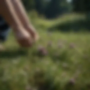 Hand pulling thistle weeds from grass