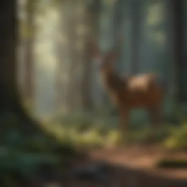 Graceful deer cautiously wandering in the dappled forest shadows