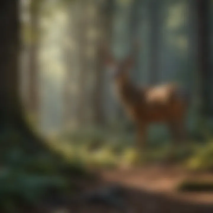 Graceful deer cautiously wandering in the dappled forest shadows