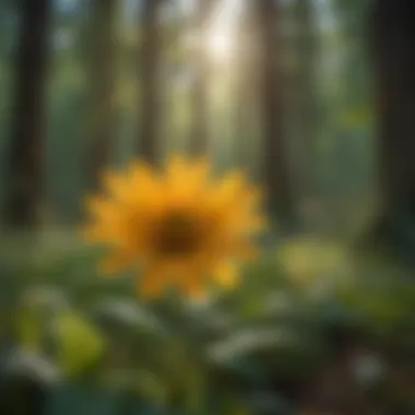 Sunlight filtering through the canopy onto a flower in the forest meadow