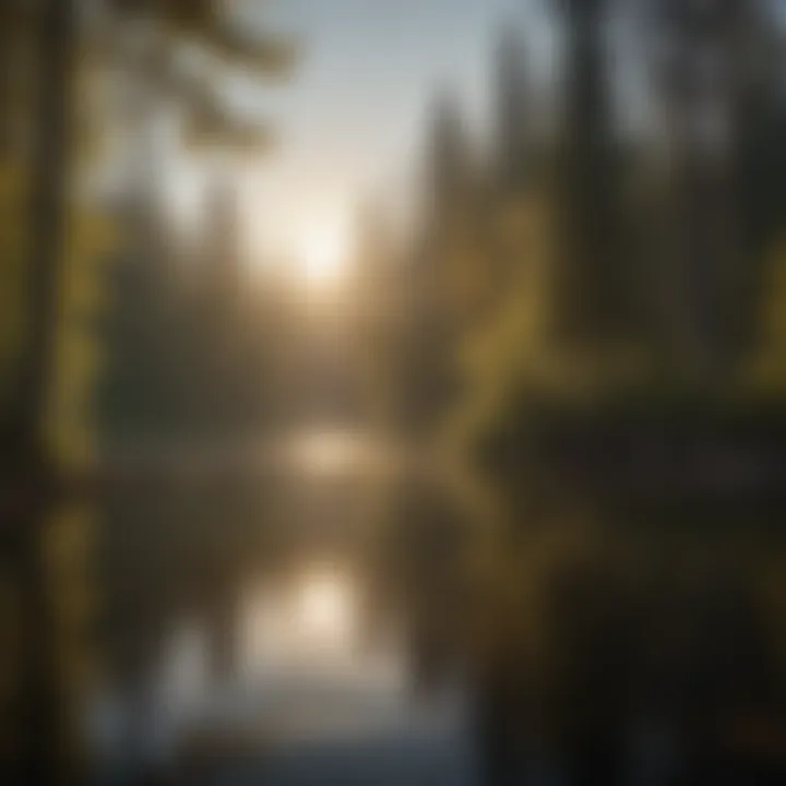 Reflection of the sun on the tranquil lake