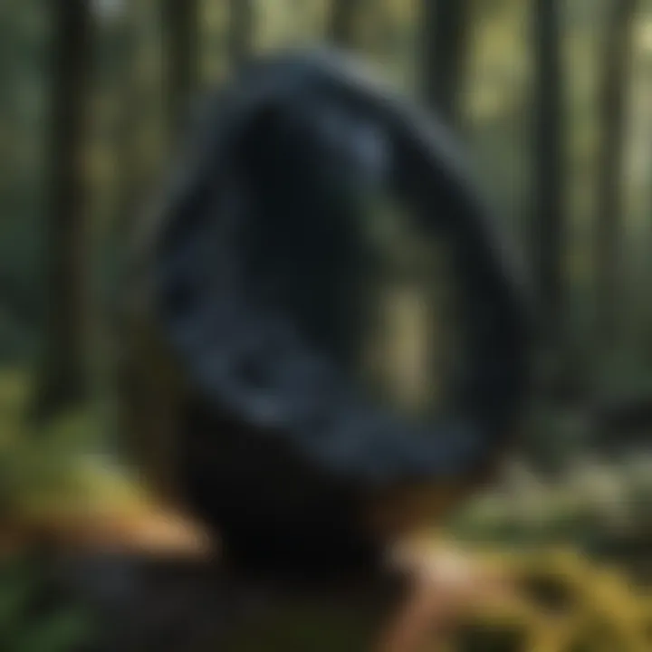 An artistic representation showcasing the mysterious allure of the black glass-like rock in a surreal setting