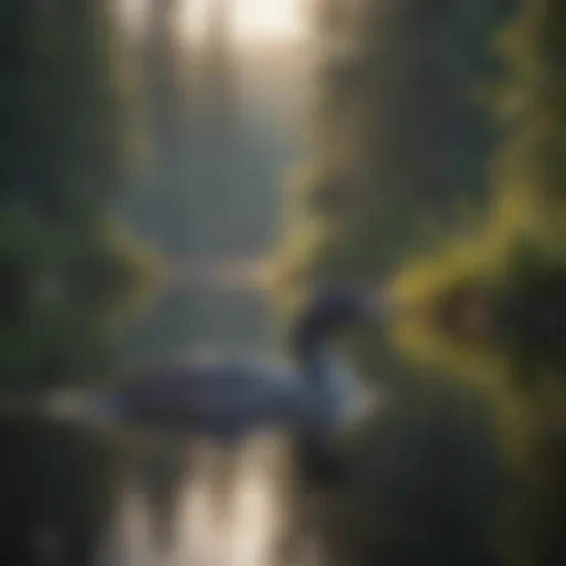 Majestic loon gliding on tranquil lake with misty reflections