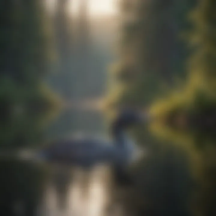 Majestic loon gliding on tranquil lake with misty reflections