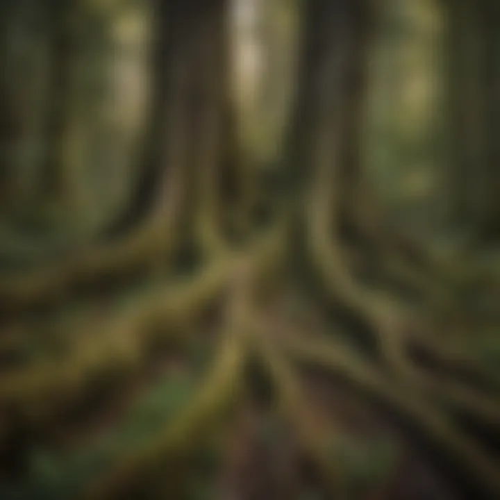Snohomish tree roots intertwining with surrounding vegetation