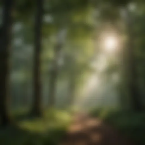 Lush green forest canopy with sunlight filtering through