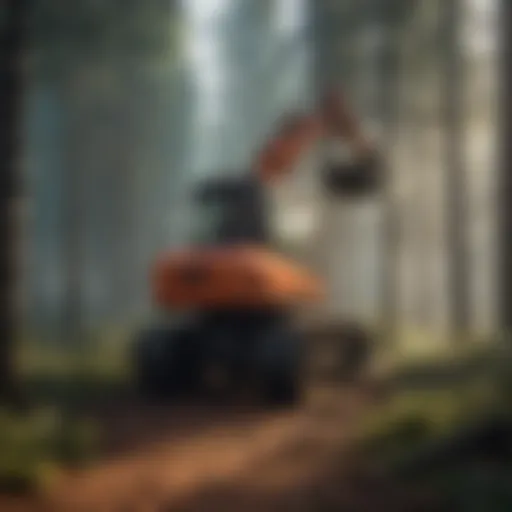 A modern forestry machine operating in a lush forest environment.