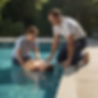 CPR Demonstration for Poolside Emergencies Swimming instructor demonstrating proper CPR technique by the poolside