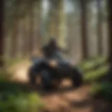 ATV rider in action amidst lush pine trees