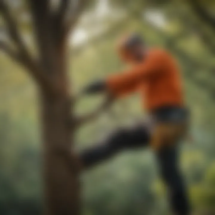 Expert arborist conducting precision tree pruning