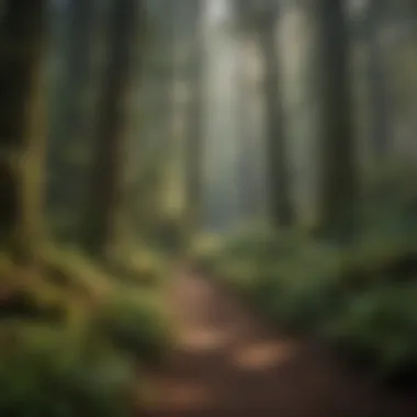 Lush forest trail surrounded by towering trees