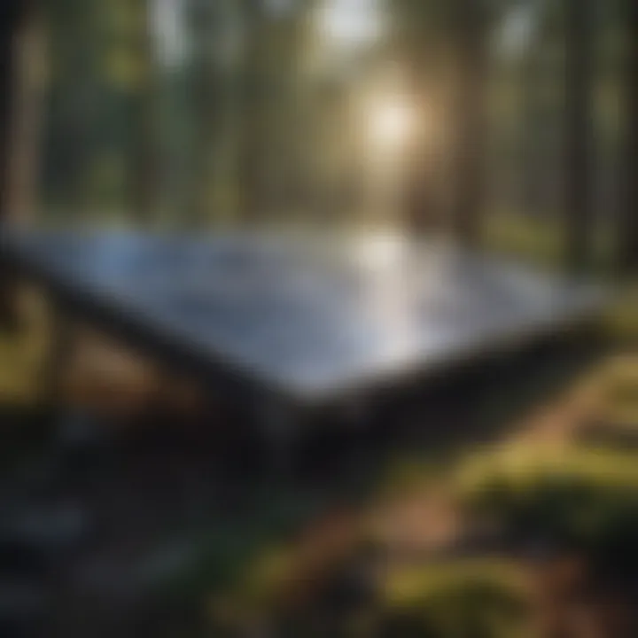 A close-up of solar panels reflecting sunlight with a forest backdrop, emphasizing the synergy between technology and nature