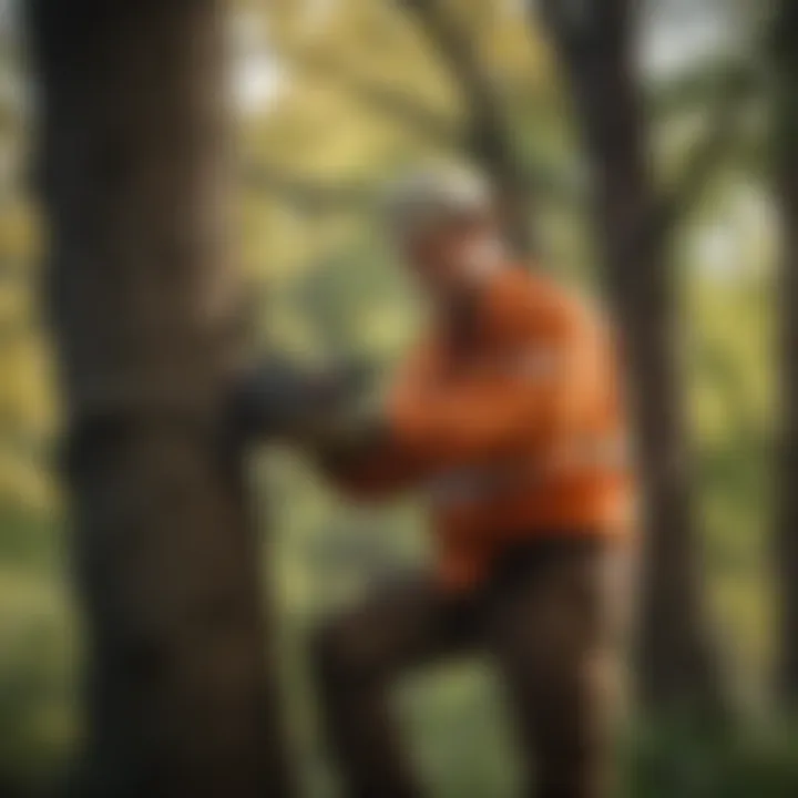 A skilled arborist inspecting a healthy tree