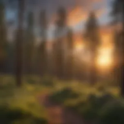 Majestic landscape of Arizona National Forest with towering pines and a vibrant sunset