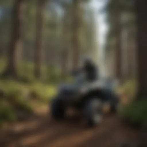 ATV riding through lush pine forest