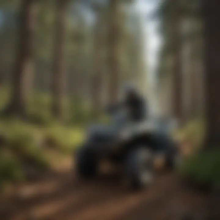 ATV riding through lush pine forest