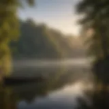 A serene view of Badin Lake at sunrise, highlighting its tranquil waters and surrounding flora.