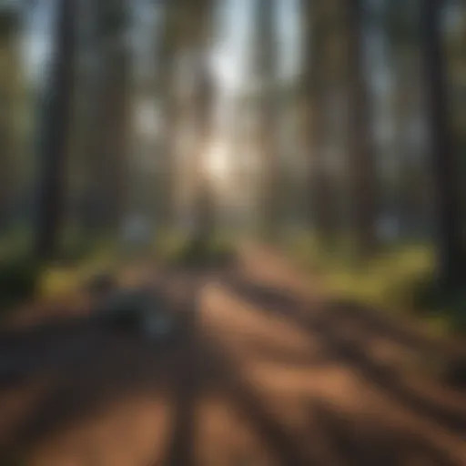 Scenic view of a serene Bend campground surrounded by pine trees and a clear blue sky