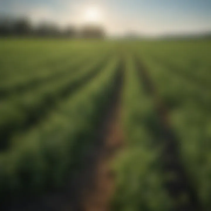 Field of alfalfa plants under a clear blue sky, symbolizing agricultural sustainability