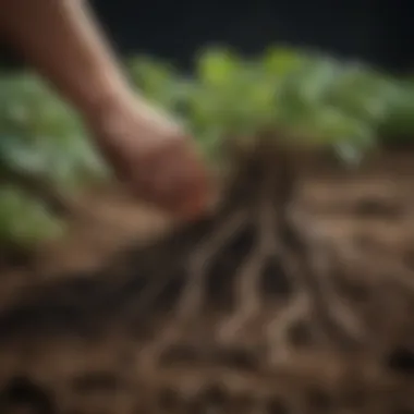 Close-up of delicate roots being nurtured in soil at nursery