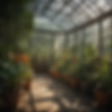 Sunlight streaming through greenhouse onto potted plants