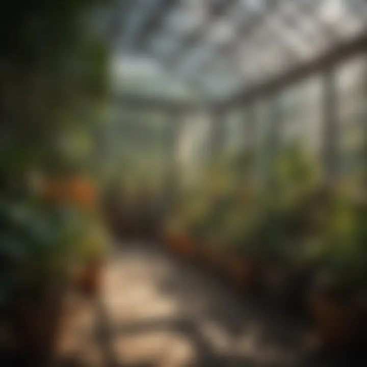 Sunlight streaming through greenhouse onto potted plants