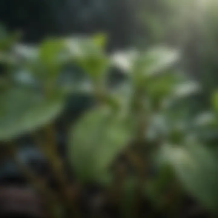 Water droplets glistening on healthy plant leaves at nursery