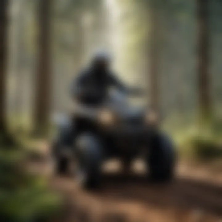 Quad rider navigating through dense forest trail