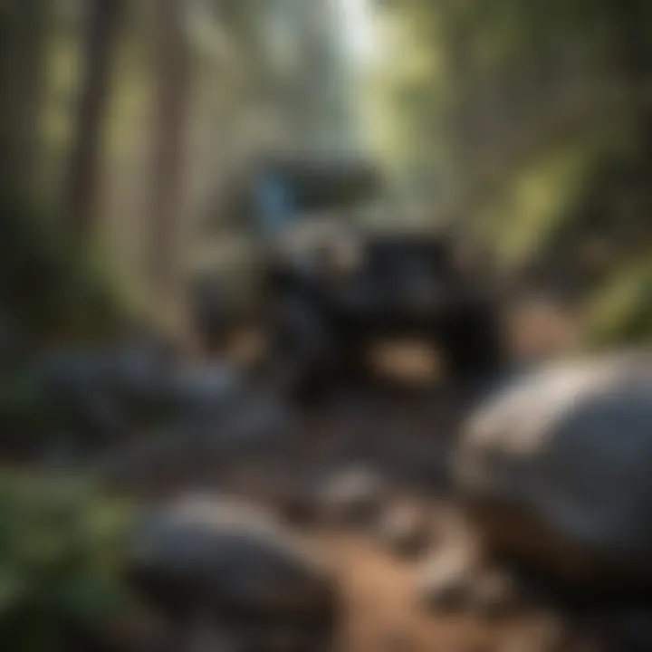 Close-up of an off-road vehicle navigating rocky terrain