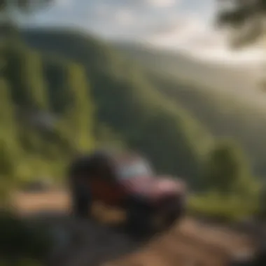 An off-road vehicle parked at a scenic overlook with a view of the mountains