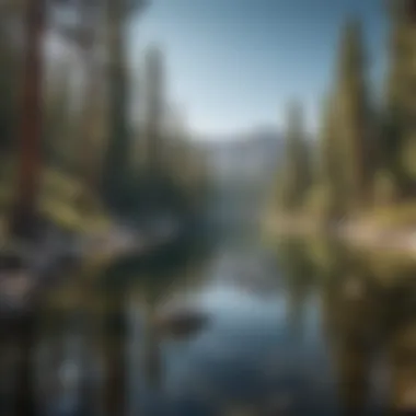 The serene beauty of Lake Tahoe, surrounded by mountains and pine trees.