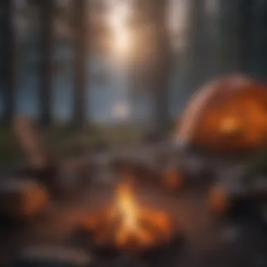Cozy Campfire Experience at Dusk A cozy campfire glowing at twilight with camping gear nearby