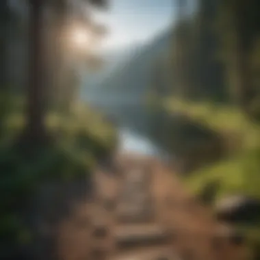 Scenic Trail to a Tranquil Lake A trail leading to a beautiful lake framed by mountains