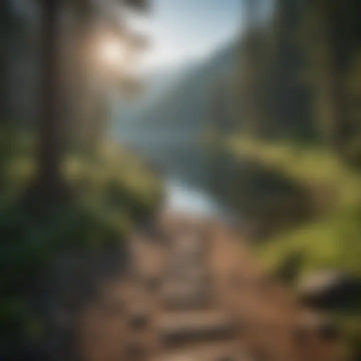 Scenic Trail to a Tranquil Lake A trail leading to a beautiful lake framed by mountains