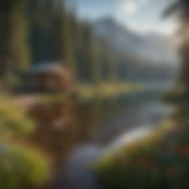 A tranquil lakeside campsite surrounded by colorful wildflowers and mountains.