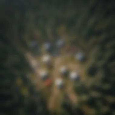Aerial View of Yellowstone Campgrounds An overhead shot of various campgrounds within Yellowstone, highlighting their proximity to natural features