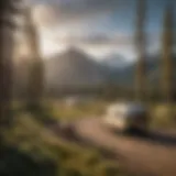 A serene view of a campground surrounded by towering pine trees and distant mountains