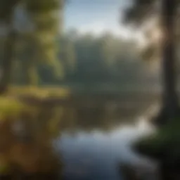 A tranquil campsite by a glistening lake