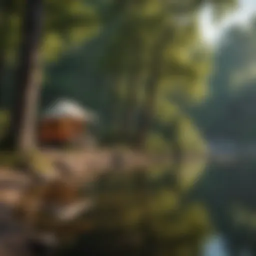 Serene lakeshore campsite surrounded by lush trees