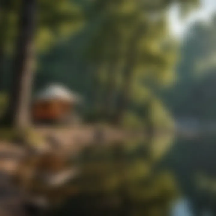 Serene lakeshore campsite surrounded by lush trees