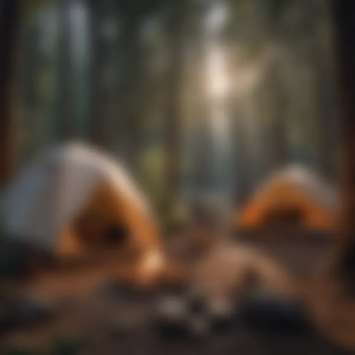 A cozy campsite setup with a campfire and camping gear in a tranquil location