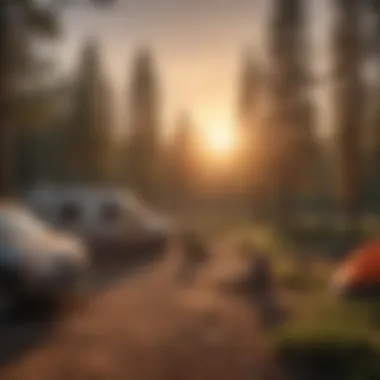 Campers enjoying a serene sunset at a campsite with a panoramic view