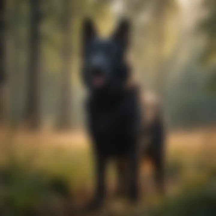 Majestic black German Shepherd standing in a field