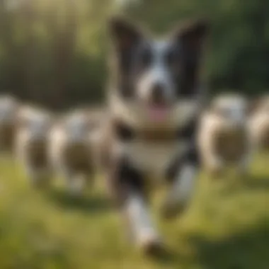 Playful border collie herding sheep on a green meadow
