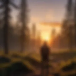 Silhouetted figure gazing at a sunset over a forest