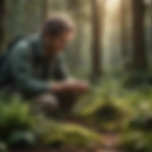 Botanist examining rare plant species in forest